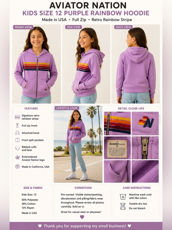 Aviator Nation Other - Aviator Nation Kids Size 12 Purple Rainbow Stripe Full Zip Hoodie Made in USA
